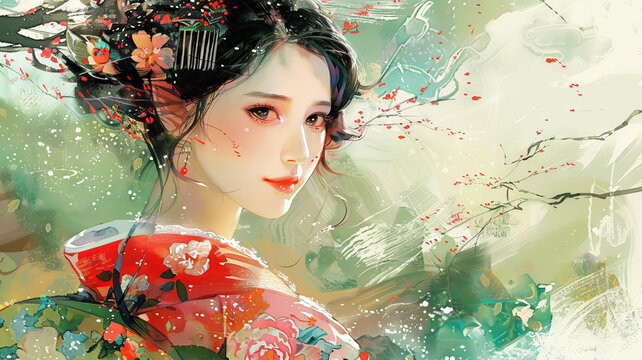 身穿紅色和服的美麗日本藝伎，櫻花盛開(kāi)在她的發(fā)間