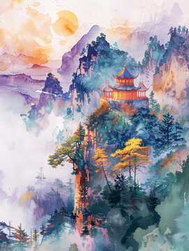 中國山區(qū)寺廟水彩畫