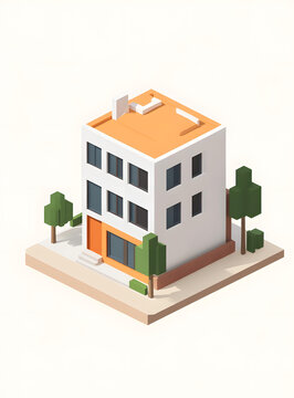 低多邊形現(xiàn)代建筑橙色屋頂綠樹