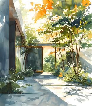 水彩畫現(xiàn)代住宅花園庭院