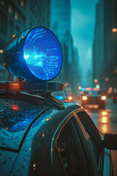 雨夜警車頂部的警燈