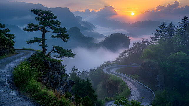 云霧繚繞的山間公路日出