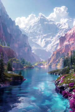 奇幻山湖樹木風景畫