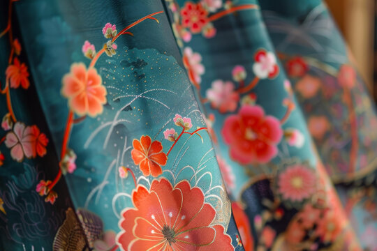 一件帶花卉圖案的和服的特寫