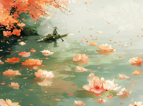 桃花河畔垂釣人