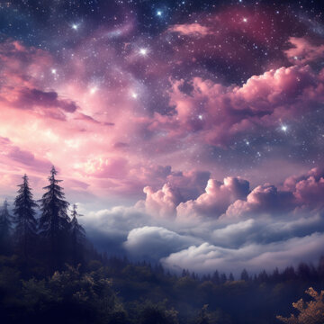 奇幻風景與星空和粉紅色云彩