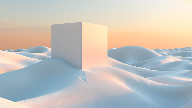 白色的幾何體矗立在雪地丘陵之上，展現(xiàn)出一種極簡的藝術(shù)風(fēng)格