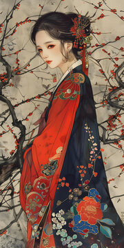 身穿紅藍(lán)漢服的少女和桃花樹