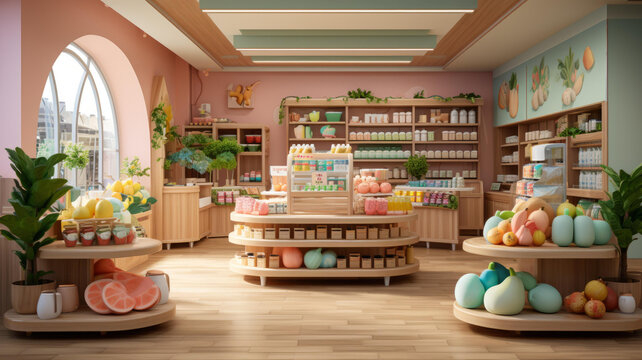 粉色墻壁和木制貨架的小型雜貨店