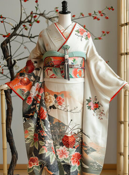 一件帶花卉圖案的和服和一條紅色腰帶