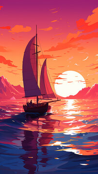 夕陽下一艘帆船在平靜的海面上航行