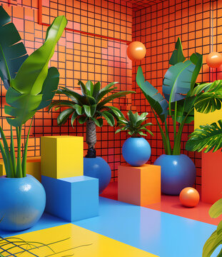 熱帶植物與抽象幾何圖形的3D渲染