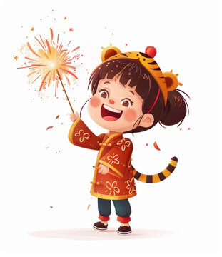 可愛的小女孩身著虎裝燃放鞭炮歡度中國新年