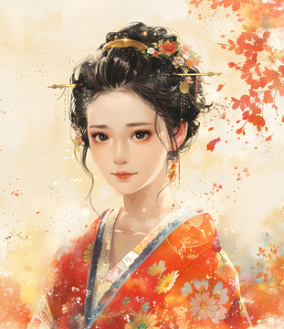 身穿紅色和服飾的美麗中國(guó)女性