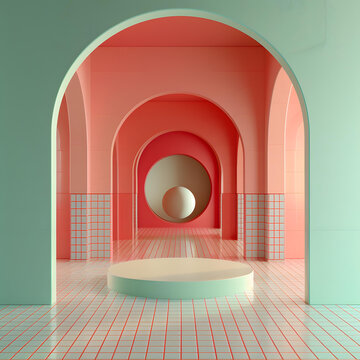 簡約粉色綠色建筑空間與展臺