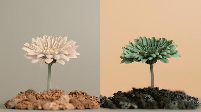 綠白雙色花朵生長(zhǎng)在土壤上