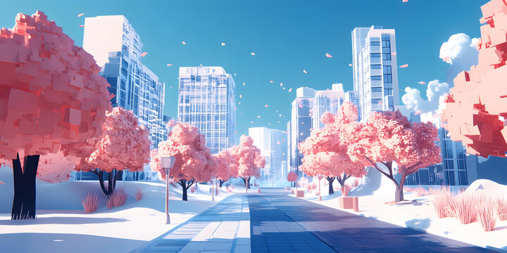 粉色櫻花樹的城市風(fēng)景