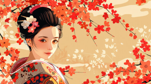 身穿和服的美麗日本女子站在彼岸花海中。