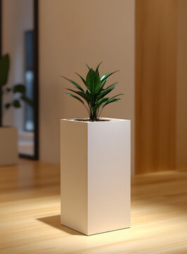 木地板上的白色花盆綠植