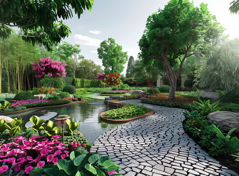 帶景觀花園和石板路的庭院