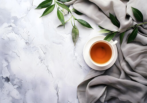 白色大理石背景茶杯灰色布藝