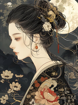 一個(gè)身穿和服、頭戴鮮花的美麗女人的插圖