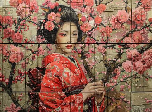 一個身穿紅色和服的亞洲女子站在櫻花盛開的森林里