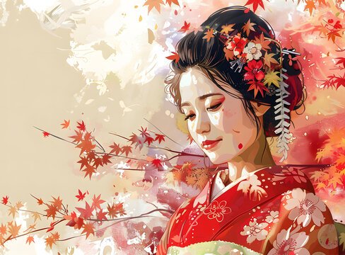 一個身穿和服的日本女人的插圖，她的頭發(fā)上裝飾著紅色的楓葉