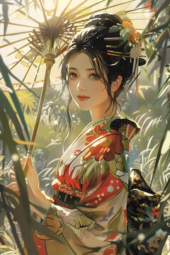 身穿和服撐傘的日本女子