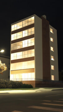 夜晚亮燈的現(xiàn)代公寓樓建筑