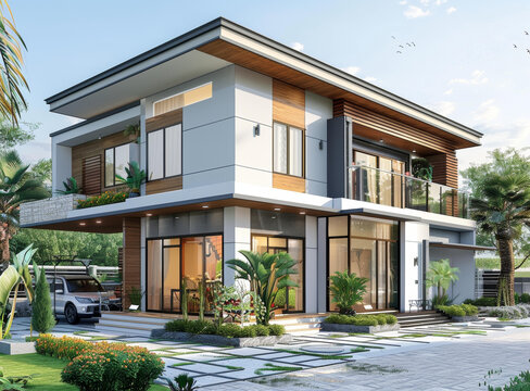 一棟現(xiàn)代的平頂兩層住宅，帶車庫