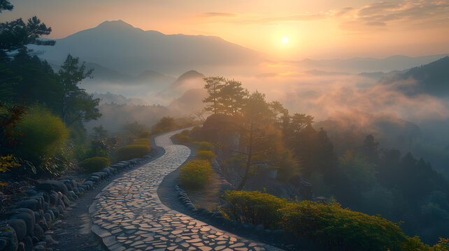 蜿蜒曲折的石板小路穿過郁郁蔥蔥的森林，背景是壯麗的山脈