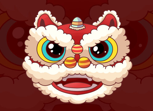 卡通舞獅頭國潮醒獅帽手繪素材