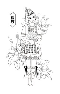 民族系列之侗族少女杜鵑花線稿