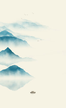 極簡藍(lán)色意境山水