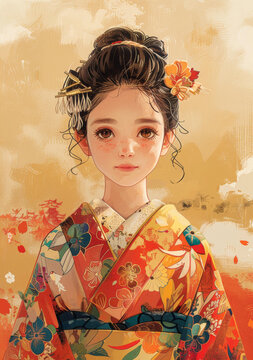 身穿和服、手持團(tuán)扇的日本藝伎少女