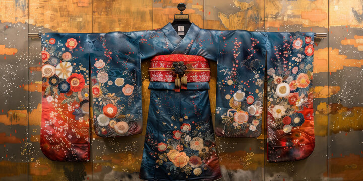 一件帶花卉圖案的和服和一條紅色腰帶。