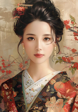 身穿和服的美麗亞洲女性肖像