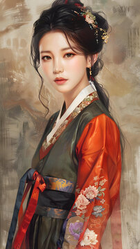 身穿韓國(guó)傳統(tǒng)服飾的年輕女子肖像