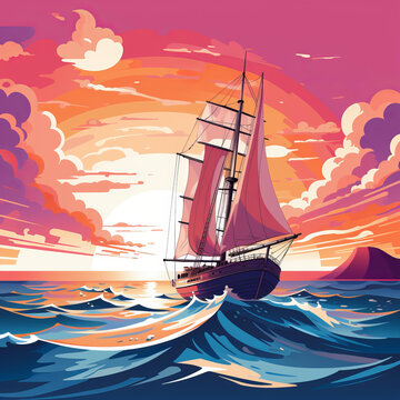 粉紅色的帆船在夕陽(yáng)下航行在洶涌的大海上