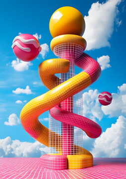 抽象3D：黃色和粉色螺旋滑梯和球