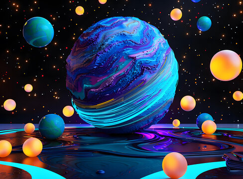 一顆色彩鮮艷的行星，周圍漂浮著發(fā)光球體的 3D 渲染圖