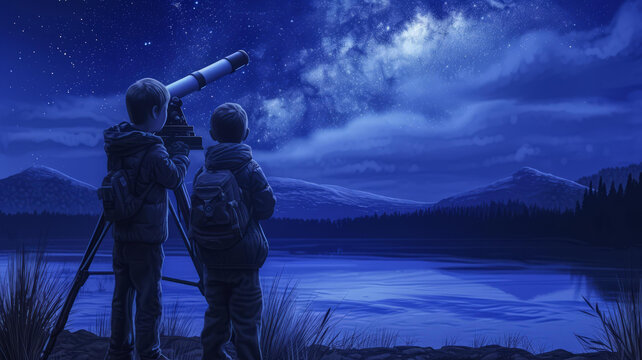 兩個男孩在湖邊用望遠(yuǎn)鏡觀看星空