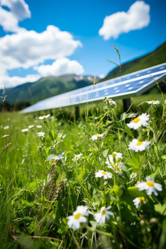 在山區(qū)拍攝的太陽能電池板和雛菊花