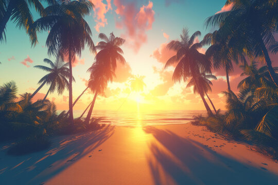 夕陽下的熱帶海灘和棕櫚樹