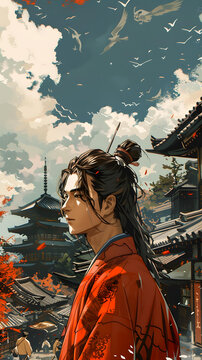 一個武士眺望城市