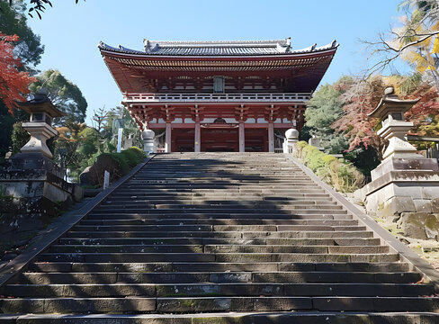 長長的石階通向一座有大紅門的佛教寺廟