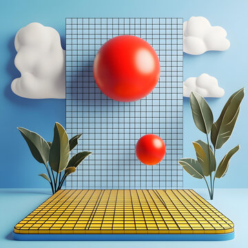3D渲染極簡(jiǎn)夏季場(chǎng)景，黃色網(wǎng)格平臺(tái)，紅色球體，白色云朵