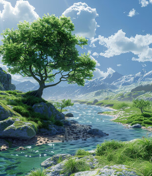 在山谷中蜿蜒流淌的河流邊有一棵大樹