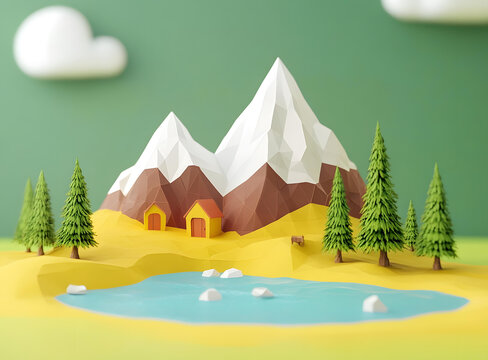 低多邊形山脈景觀與房屋和湖泊